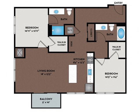 Floor plan for 2 beds, 2 baths, 1119 sqft